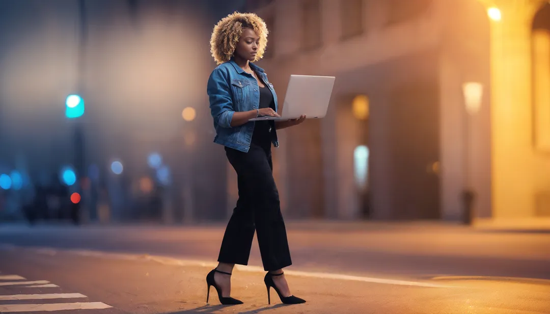 Concepto mujer paseando con su laptop, calles futuristicas