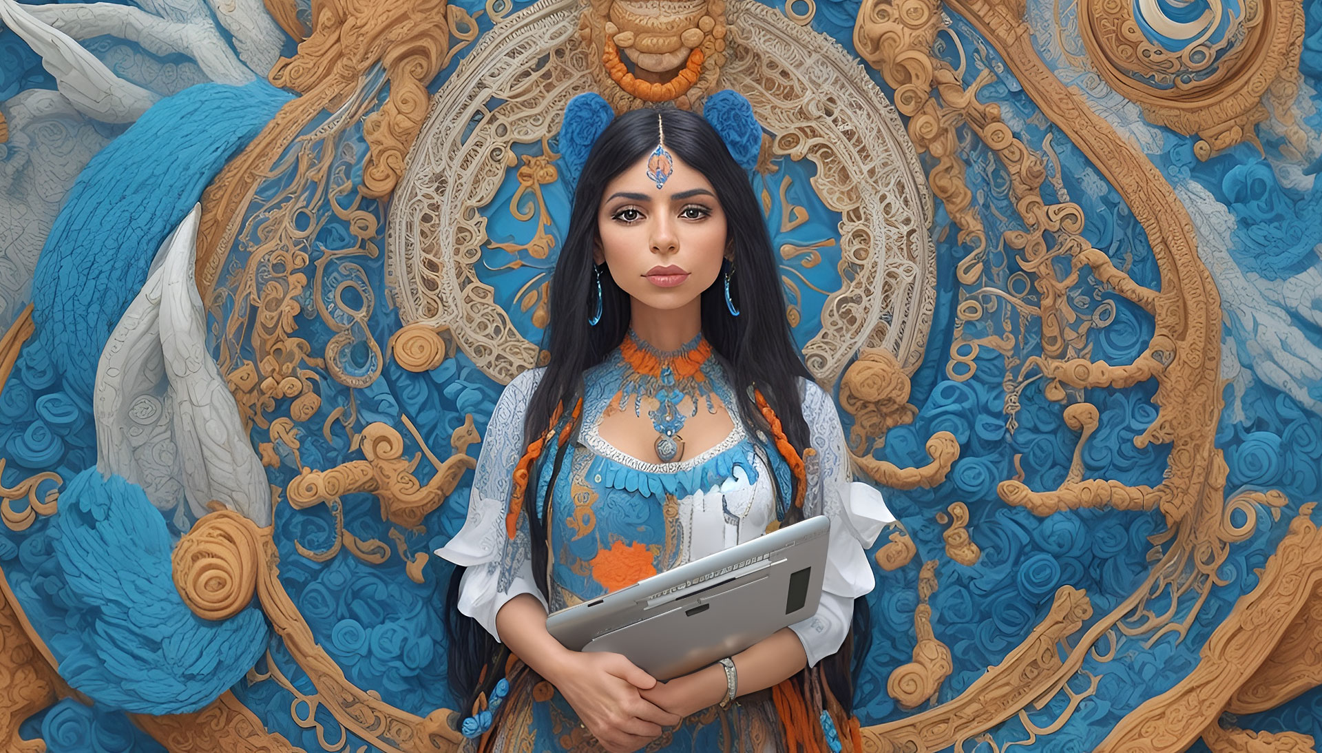 concepto de mujer sujentaqndo laptop en fondo inspirado en persia